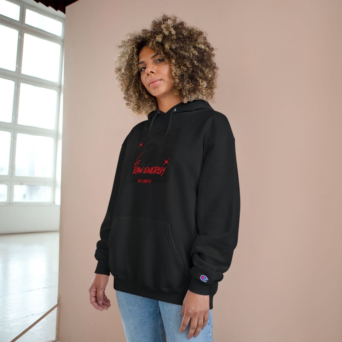 Champion Hoodie — "Raw Energy" Minimal Graphic Pullover Printify