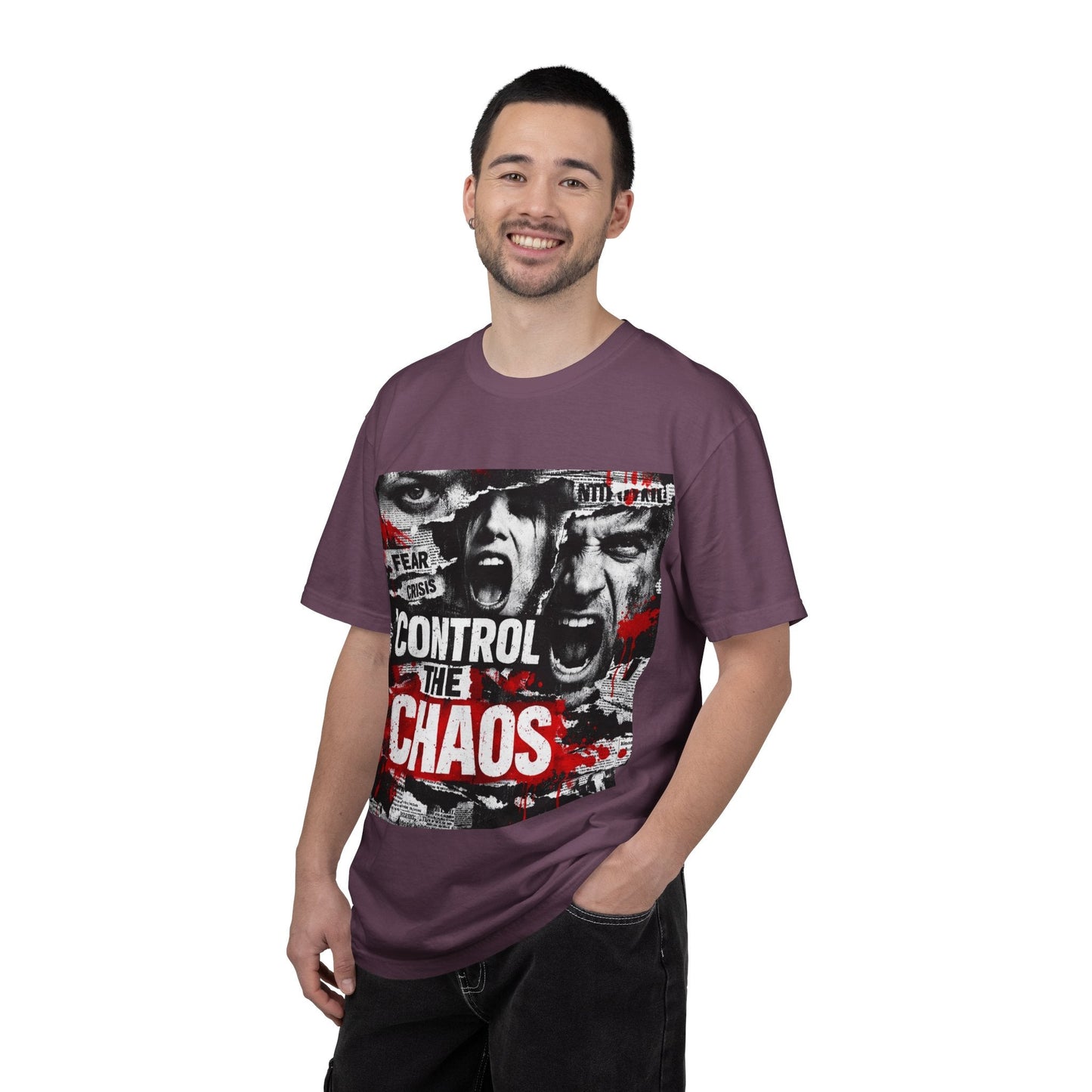 Control the Chaos T‑Shirt — Graphic Urban Streetwear Tee with Distressed Faces & Bold Red Accent Printify