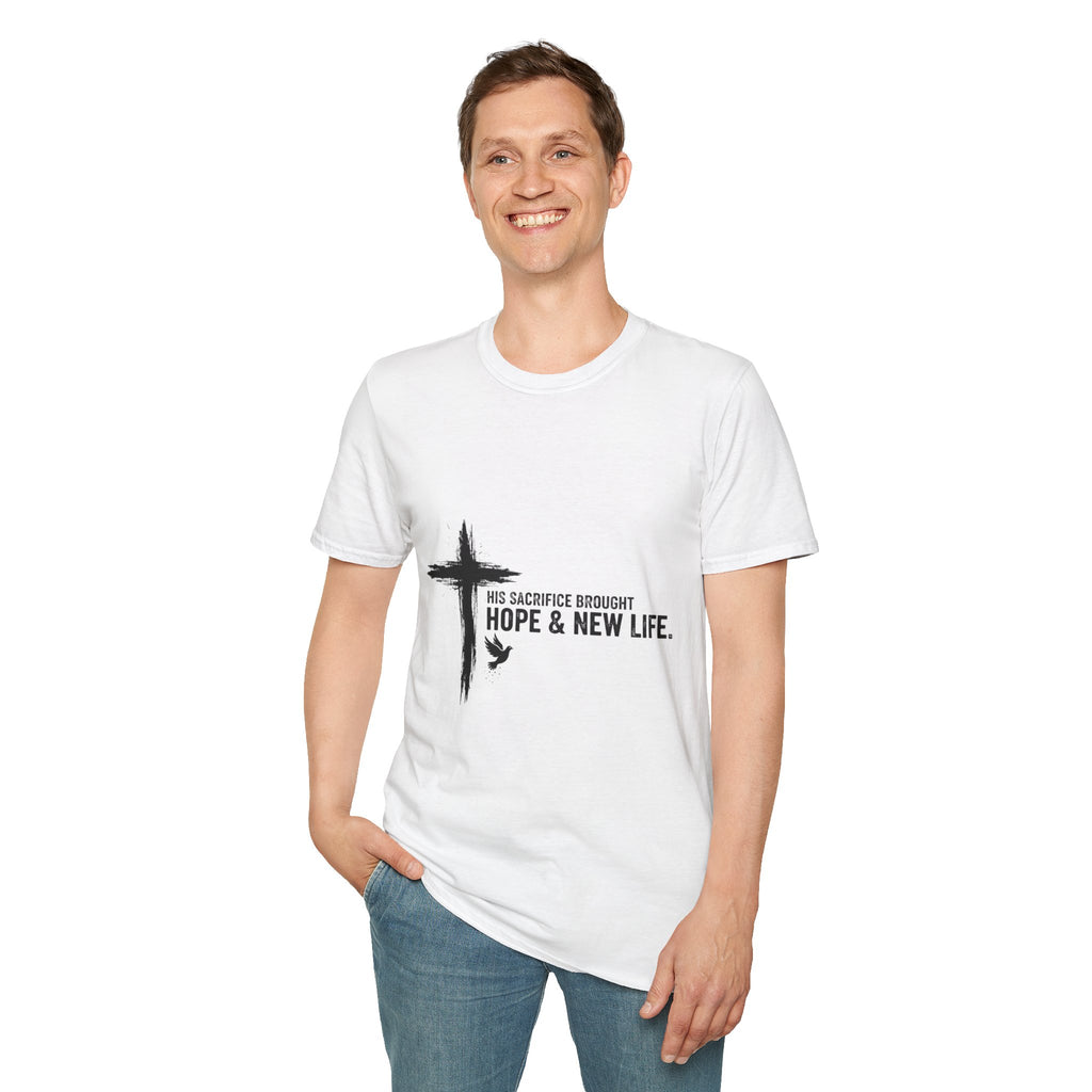 Christian Cross T-Shirt — "His Sacrifice Brought Hope & New Life" Inspirational Tee