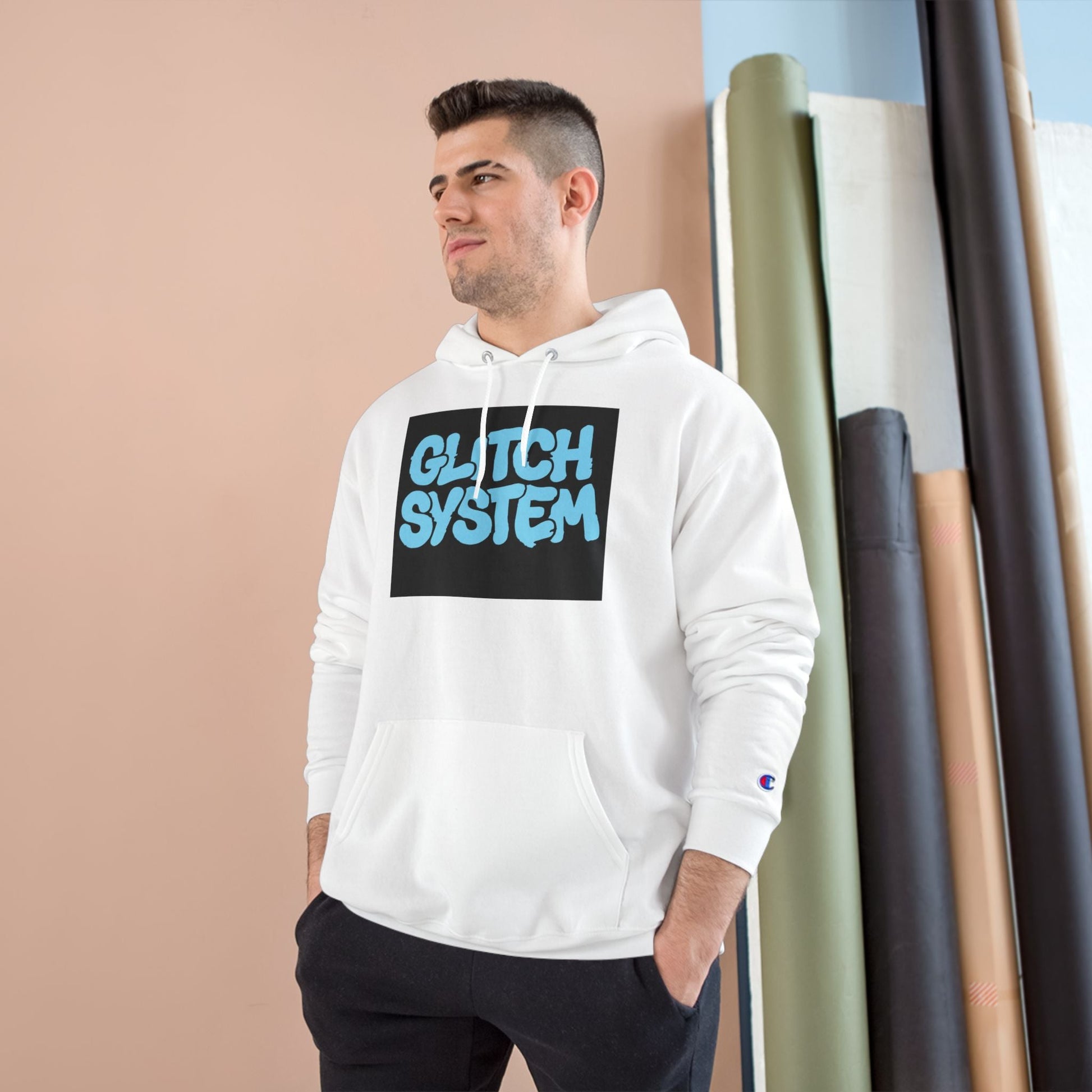 Glitch System Hoodie — Retro Graffiti Streetwear Champion Hoodie Printify