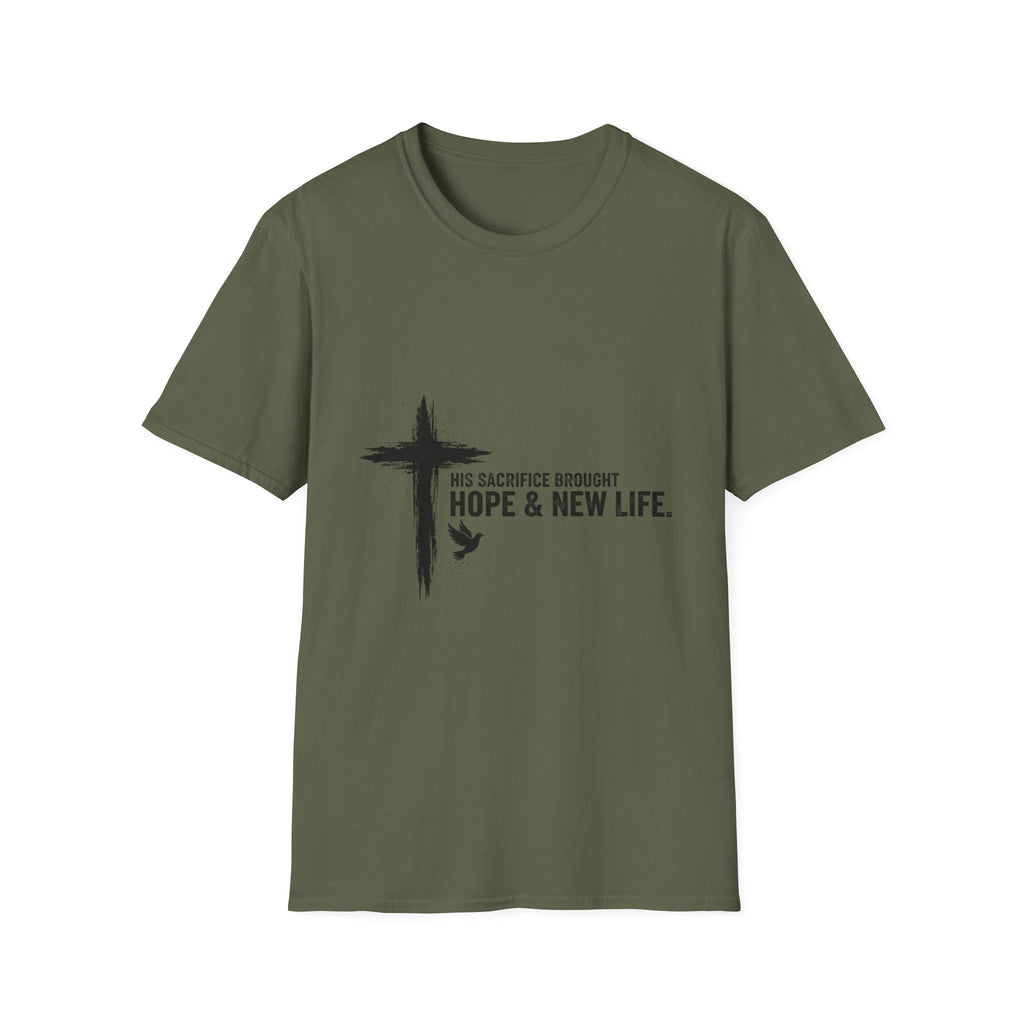 Christian Cross T-Shirt — "His Sacrifice Brought Hope & New Life" Inspirational Tee