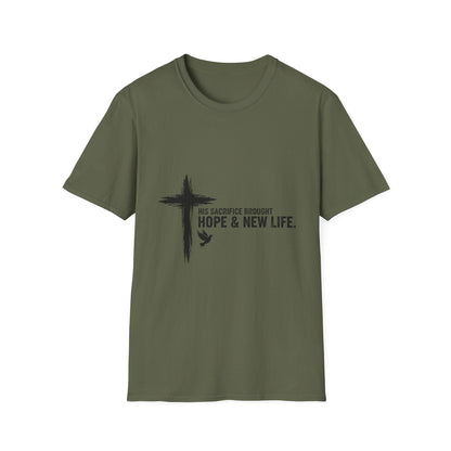 Christian Cross T-Shirt – Unisex “His Sacrifice Brought Hope & New Life” Inspirational Tee Printify