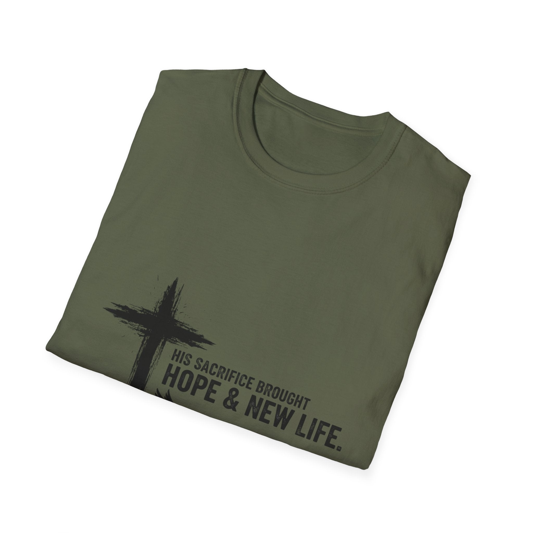 Christian Cross T-Shirt — "His Sacrifice Brought Hope & New Life" Inspirational Tee