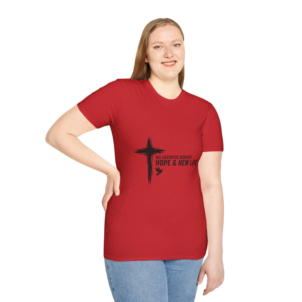 Christian Cross T-Shirt — "His Sacrifice Brought Hope & New Life" Inspirational Tee