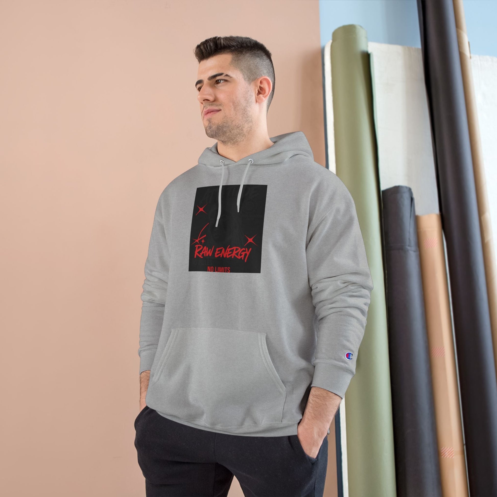 Champion Hoodie — "Raw Energy" Minimal Graphic Pullover Printify