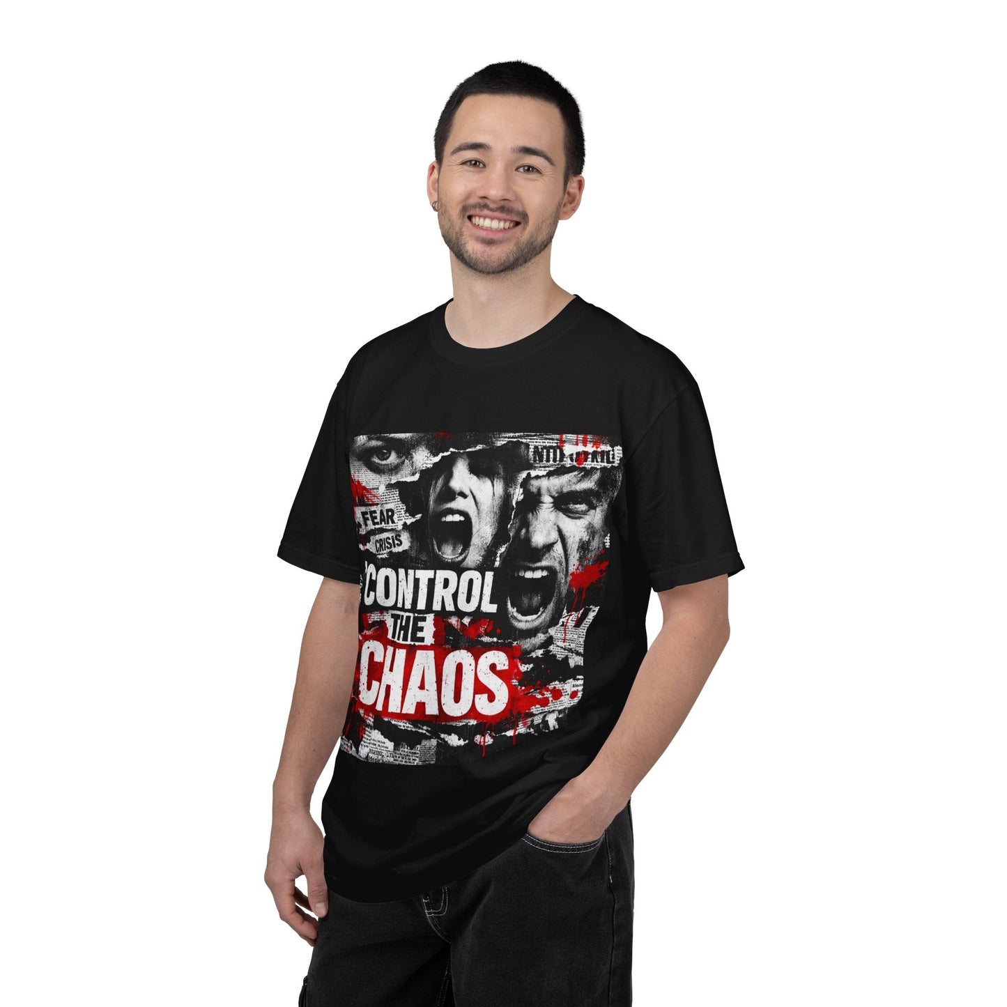Control the Chaos T‑Shirt — Graphic Urban Streetwear Tee with Distressed Faces & Bold Red Accent Printify