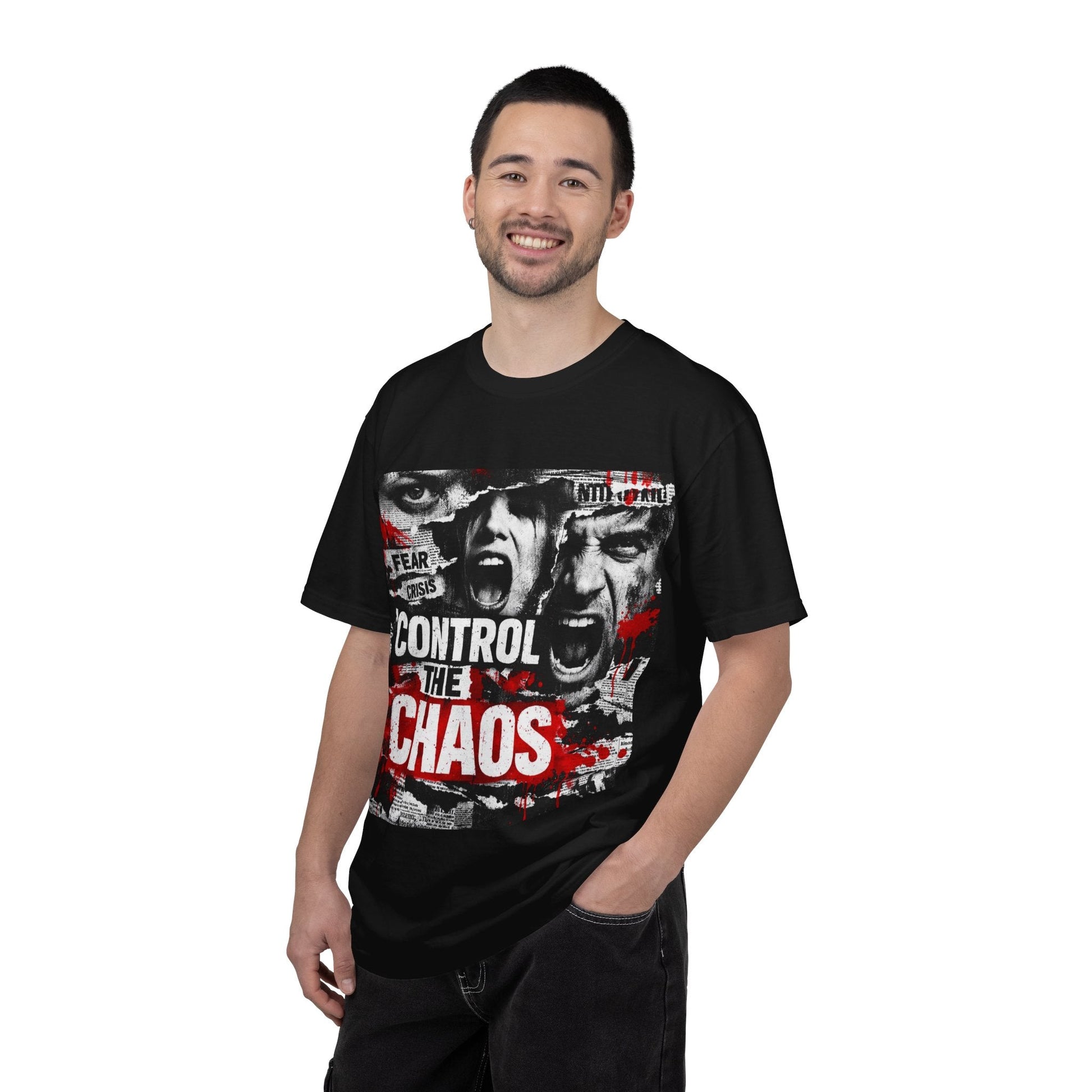 Control the Chaos T‑Shirt — Graphic Urban Streetwear Tee with Distressed Faces & Bold Red Accent Printify