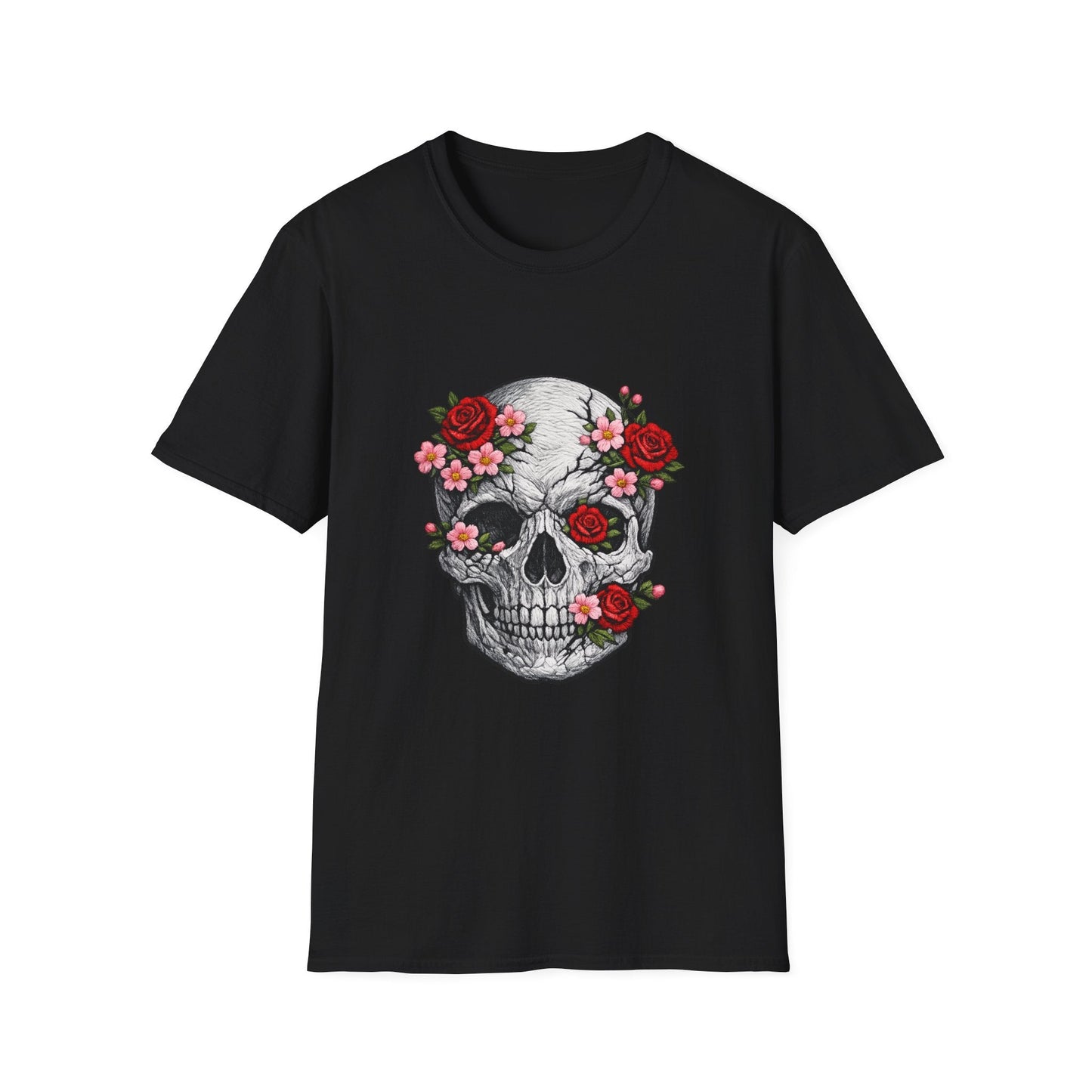 Floral Skull Tee — Gothic Rose Skull T-Shirt for Day of the Dead & Edgy Style Printify