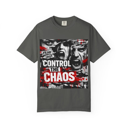 Control the Chaos T‑Shirt — Graphic Urban Streetwear Tee with Distressed Faces & Bold Red Accent