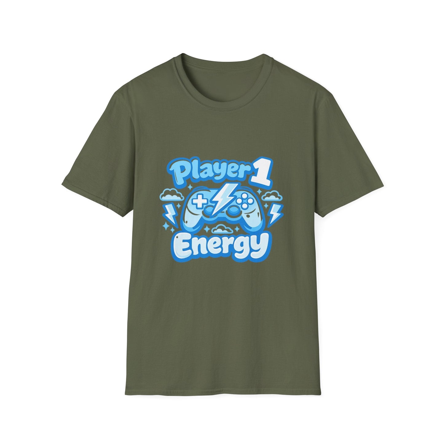 Player 1 Energy T-Shirt — Cute Blue Gamer Controller Graphic Tee Printify