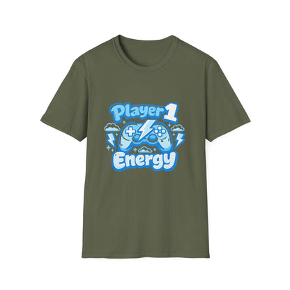 Player 1 Energy T-Shirt — Cute Blue Gamer Controller Graphic Tee Printify