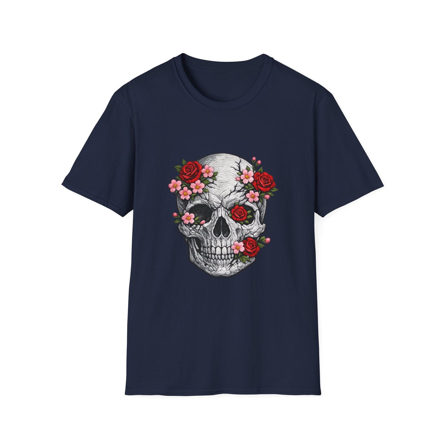 Floral Skull Tee — Gothic Rose Skull T-Shirt for Day of the Dead & Edgy Style Printify