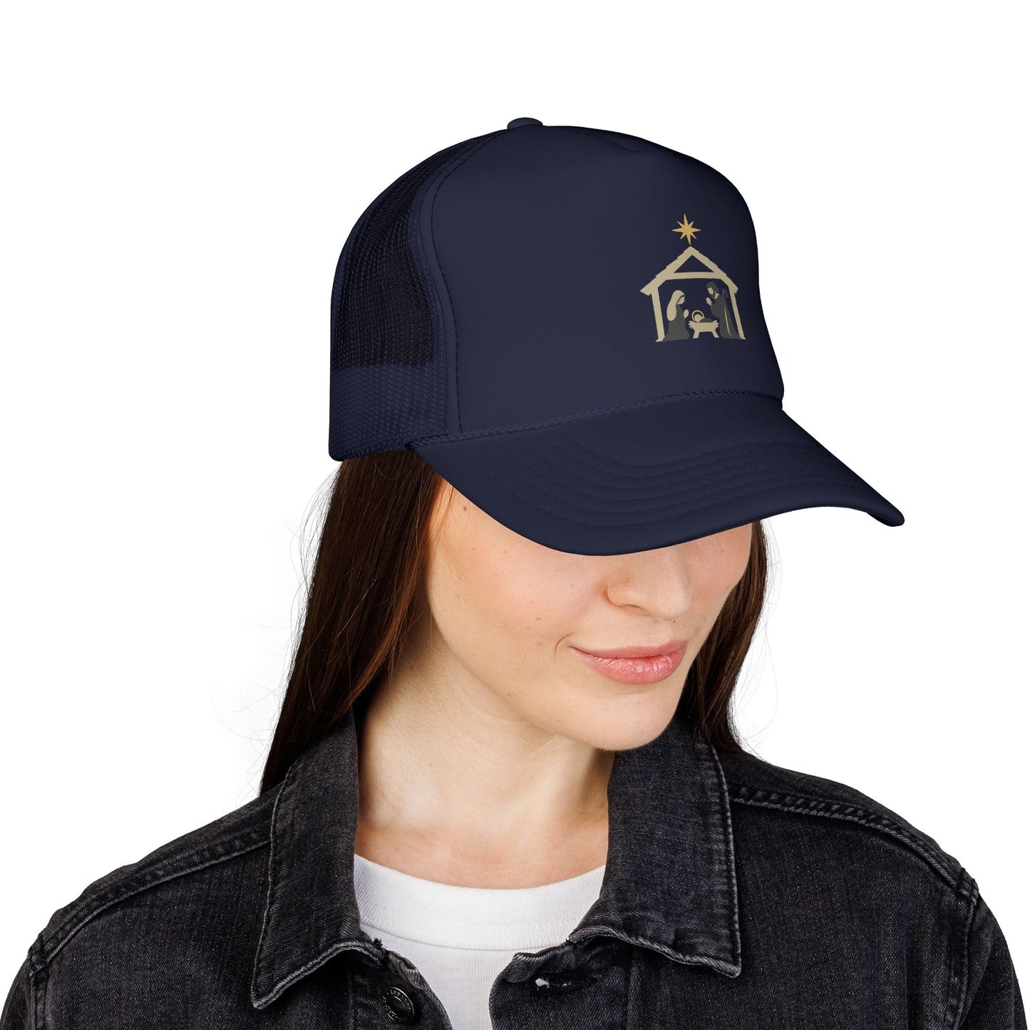 Nativity Trucker Cap — Christmas Manger Hat with Holy Family Design Printify