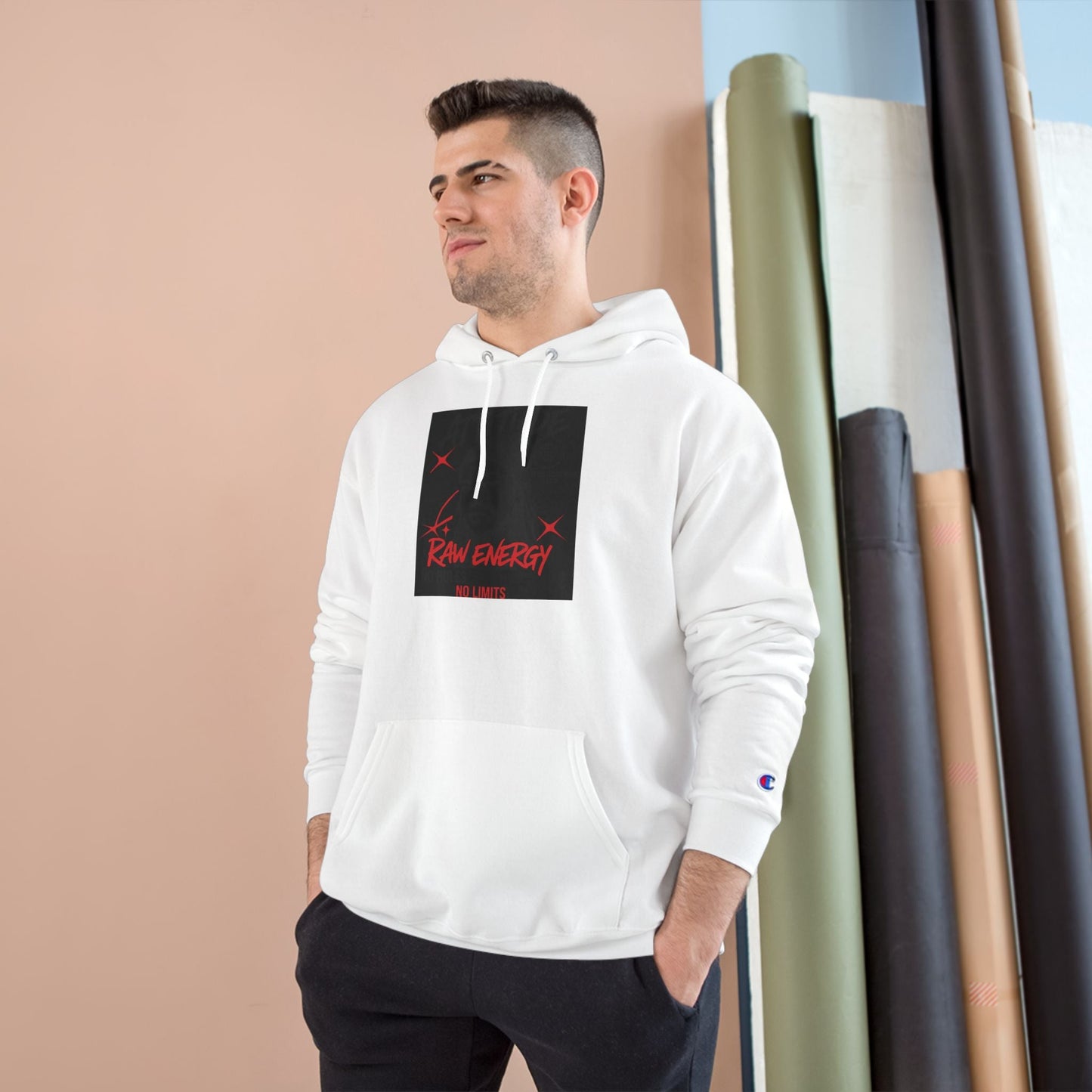 Champion Hoodie — "Raw Energy" Minimal Graphic Pullover Printify