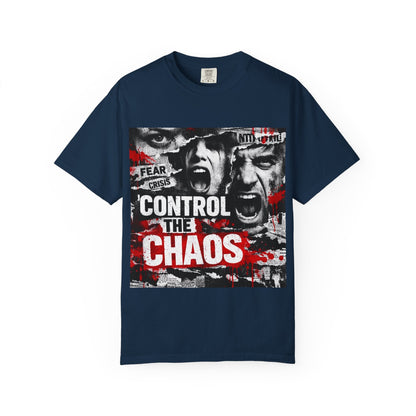 Control the Chaos T‑Shirt — Graphic Urban Streetwear Tee with Distressed Faces & Bold Red Accent Printify