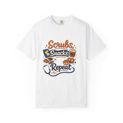 Scrubs Snacks Repeat T-Shirt – Cute Nurse Medical Humor Tee