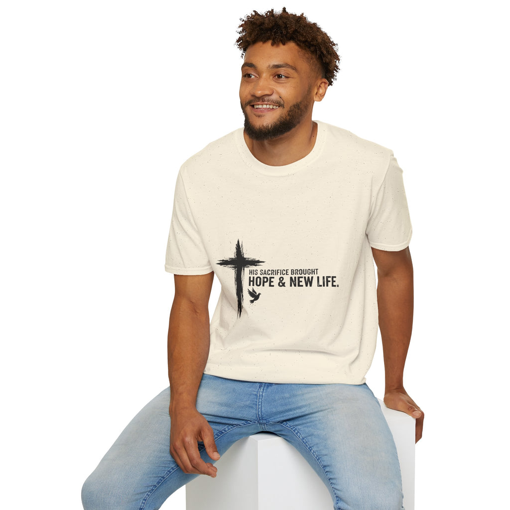 Christian Cross T-Shirt — "His Sacrifice Brought Hope & New Life" Inspirational Tee