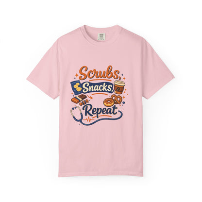Scrubs Snacks Repeat T-Shirt – Cute Nurse Medical Humor Tee