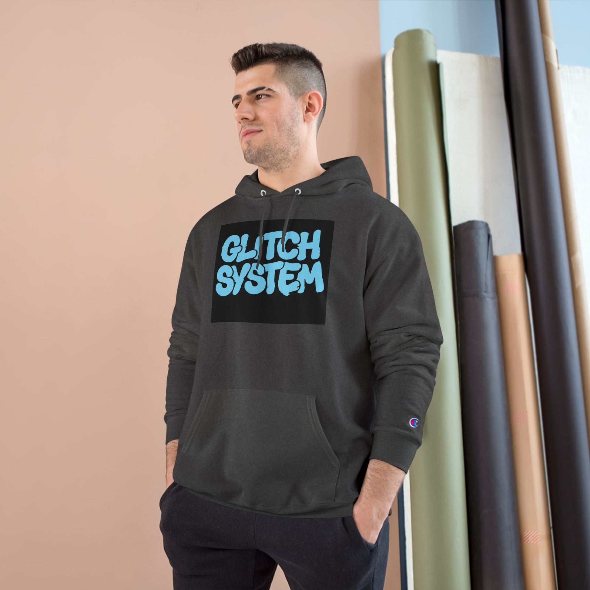 Glitch System Hoodie — Retro Graffiti Streetwear Champion Hoodie Printify