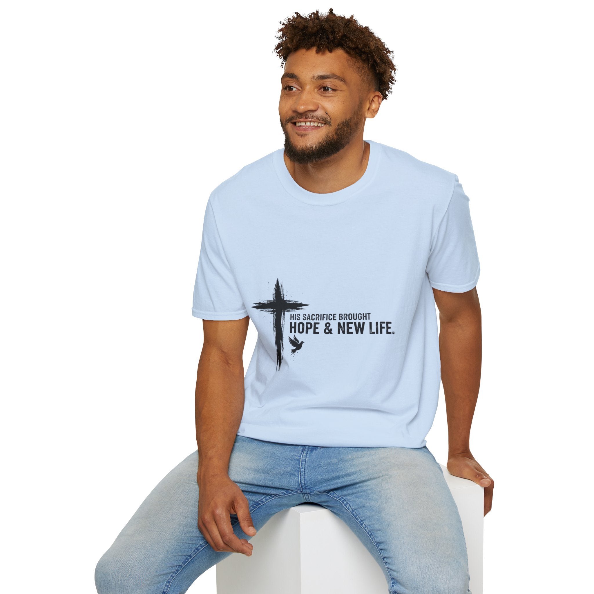 Christian Cross T-Shirt — "His Sacrifice Brought Hope & New Life" Inspirational Tee