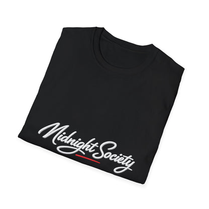 Midnight Society T-Shirt — Script Logo Tee for Nightlife & Streetwear Printify