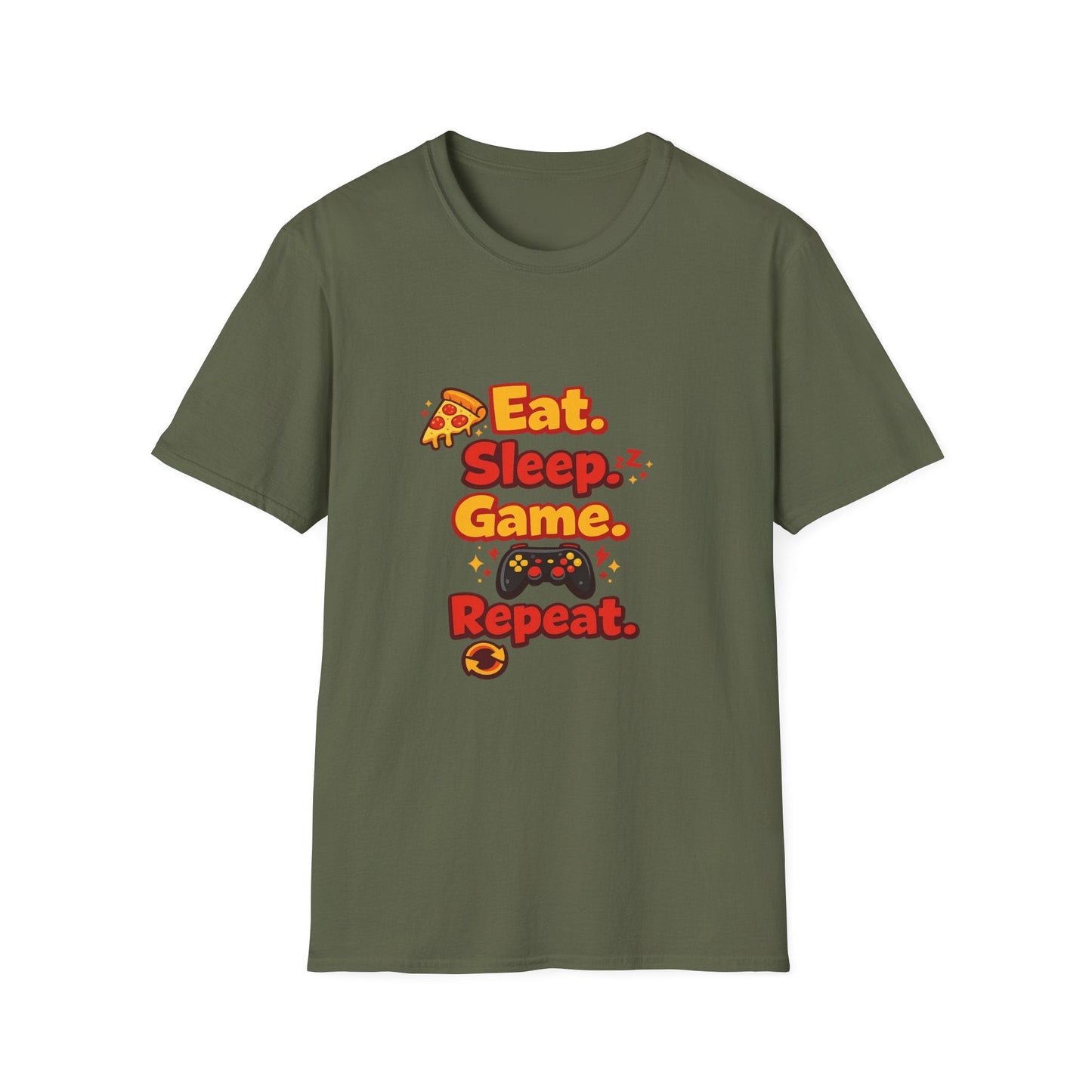 Eat. Sleep. Game. Repeat. Graphic T-Shirt — Gamer Pizza Controller Tee Printify