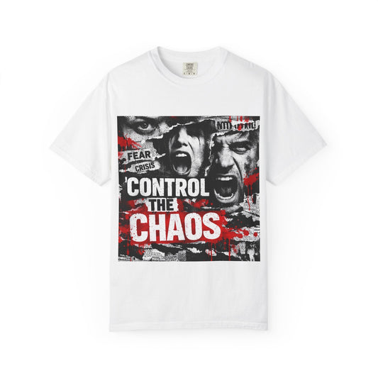 Control the Chaos T‑Shirt — Graphic Urban Streetwear Tee with Distressed Faces & Bold Red Accent