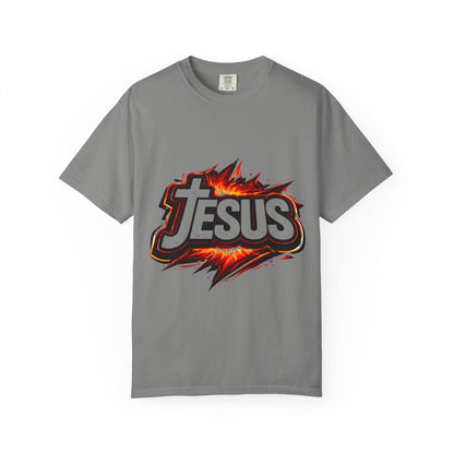 Jesus Graphic T-Shirt for Men – Bold Flame Logo Christian Faith Tee Printify
