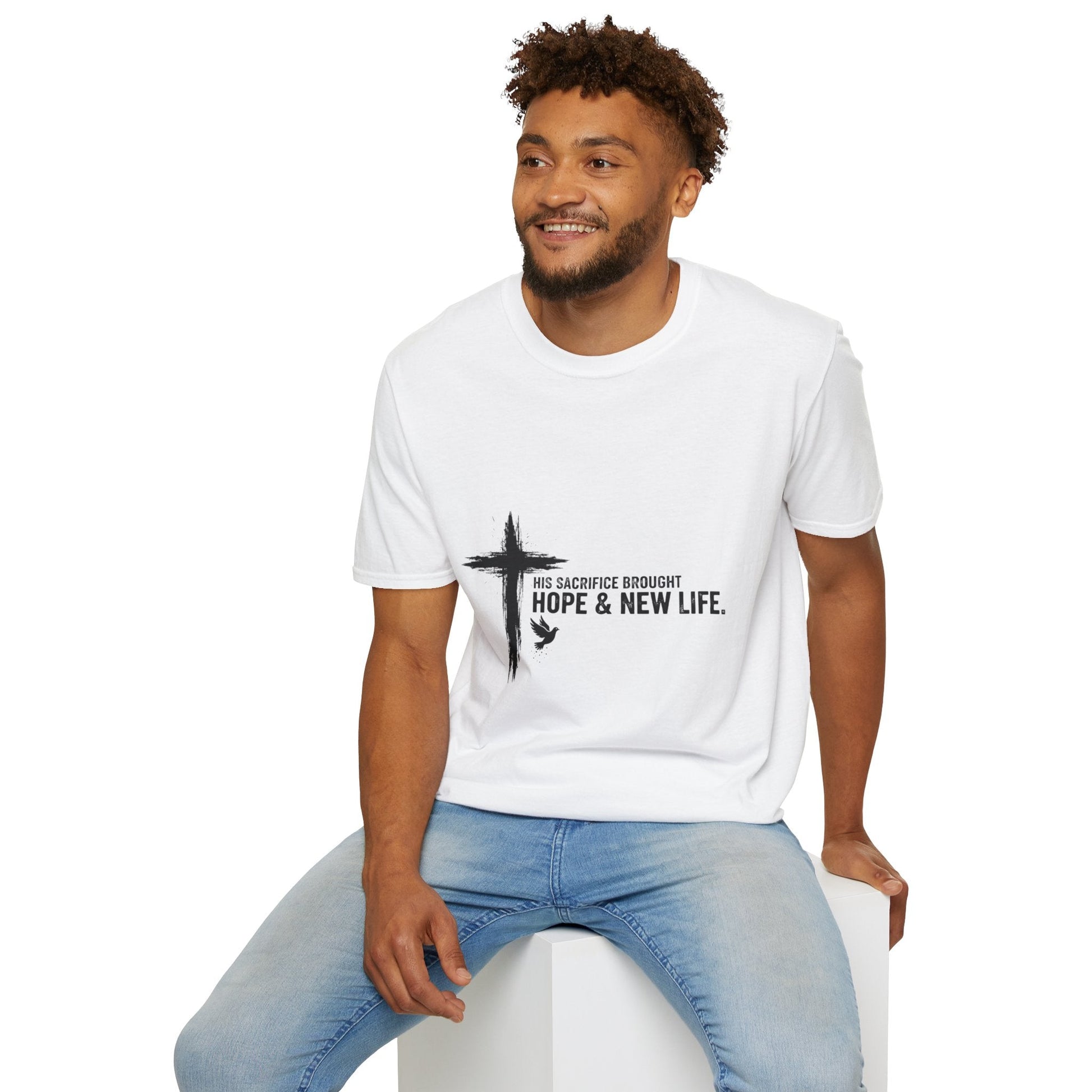 Christian Cross T-Shirt – Unisex “His Sacrifice Brought Hope & New Life” Inspirational Tee Printify
