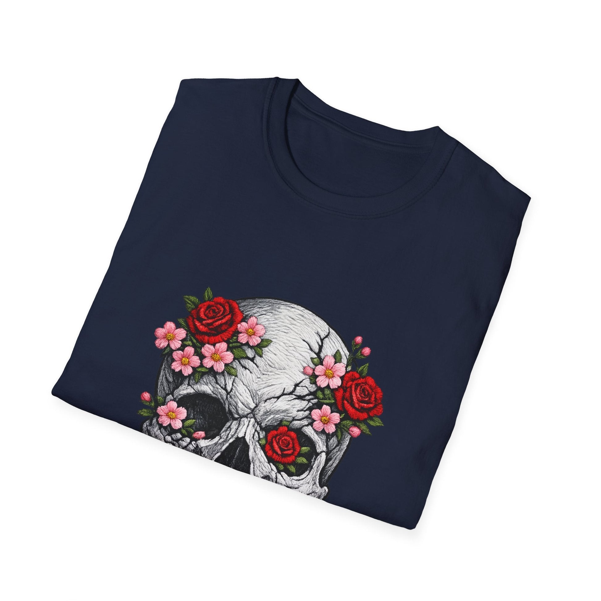 Floral Skull Tee — Gothic Rose Skull T-Shirt for Day of the Dead & Edgy Style Printify