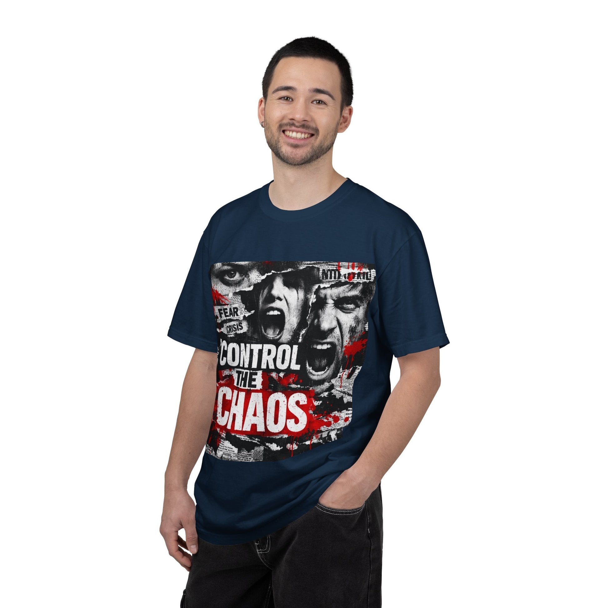 Control the Chaos T‑Shirt — Graphic Urban Streetwear Tee with Distressed Faces & Bold Red Accent Printify