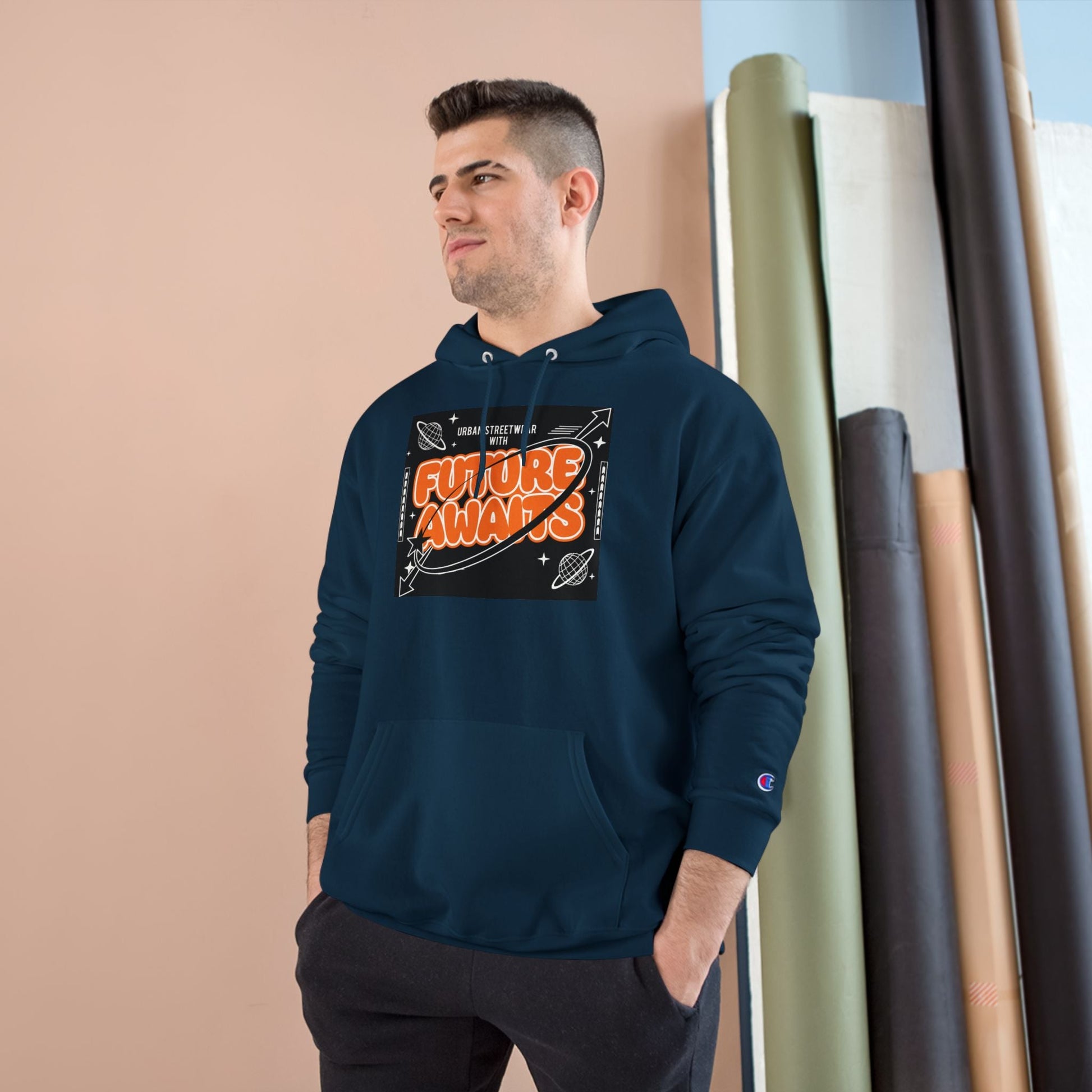 Future Awaits Hoodie – Space Graphic Champion Hoodie Printify