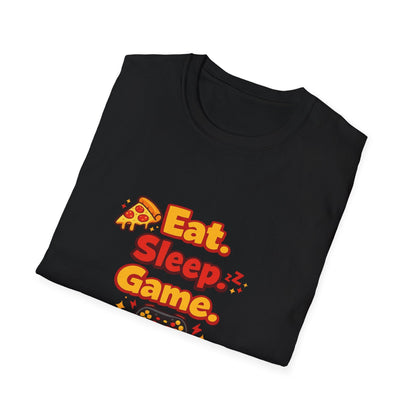 Eat. Sleep. Game. Repeat. Graphic T-Shirt — Gamer Pizza Controller Tee Printify