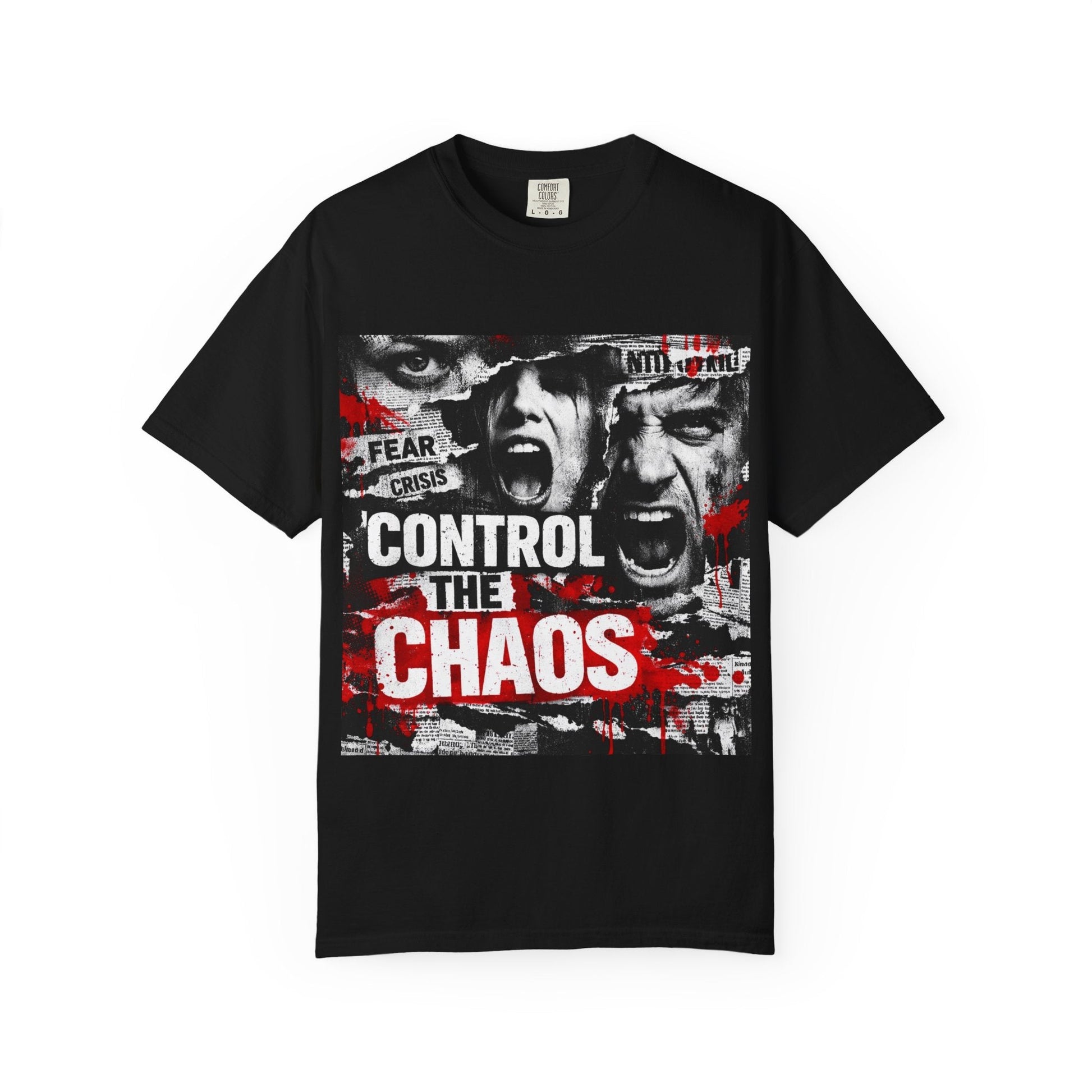 Control the Chaos T‑Shirt — Graphic Urban Streetwear Tee with Distressed Faces & Bold Red Accent Printify