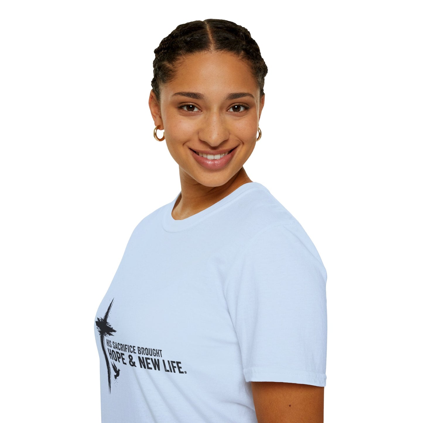 Christian Cross T-Shirt – Unisex “His Sacrifice Brought Hope & New Life” Inspirational Tee Printify