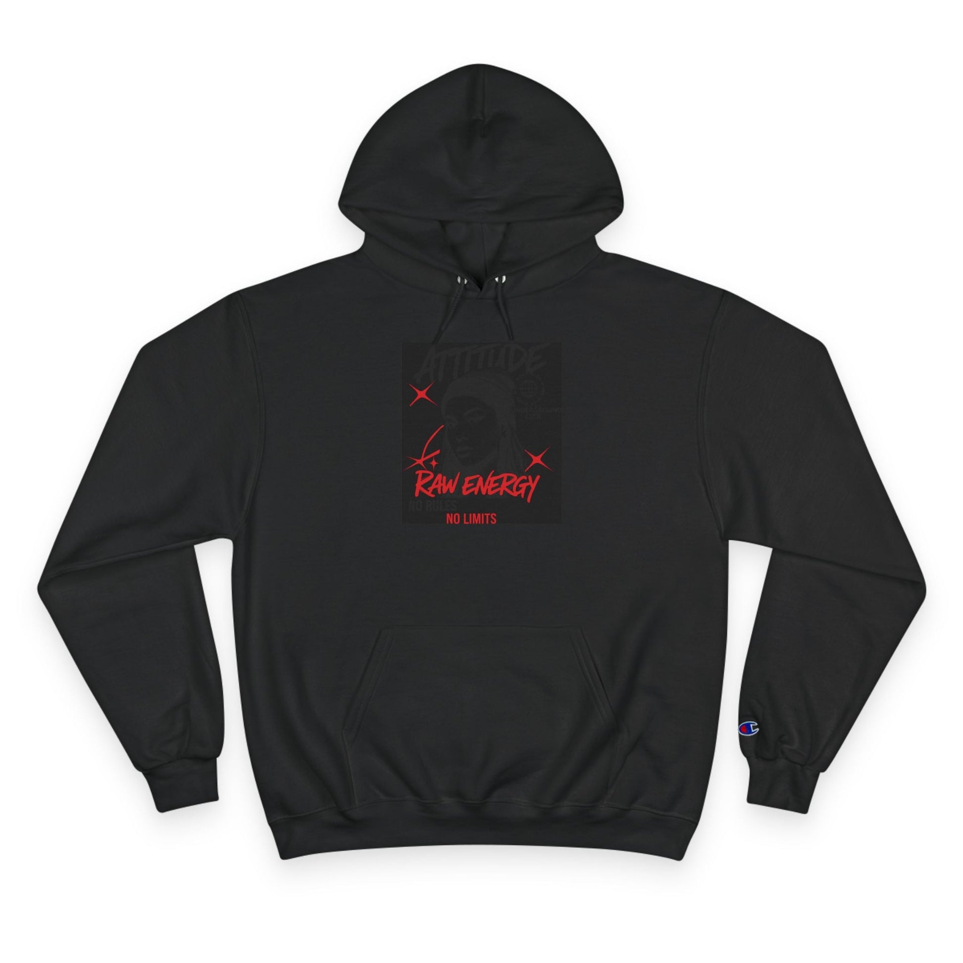 Champion Hoodie — "Raw Energy" Minimal Graphic Pullover Printify