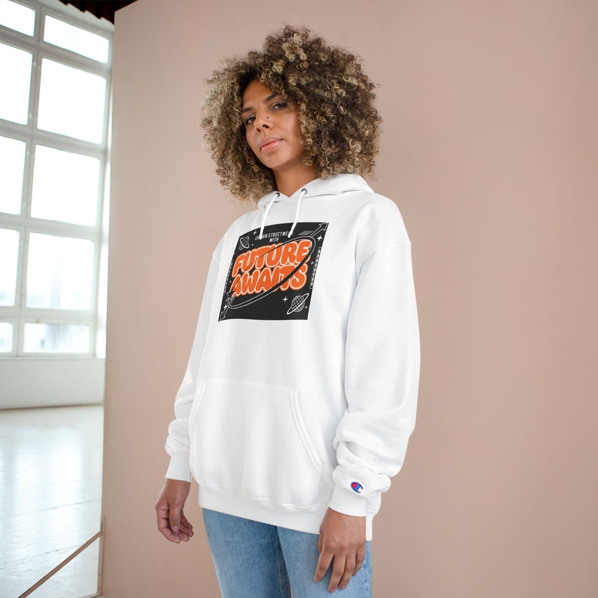 Future Awaits Hoodie – Space Graphic Champion Hoodie Printify