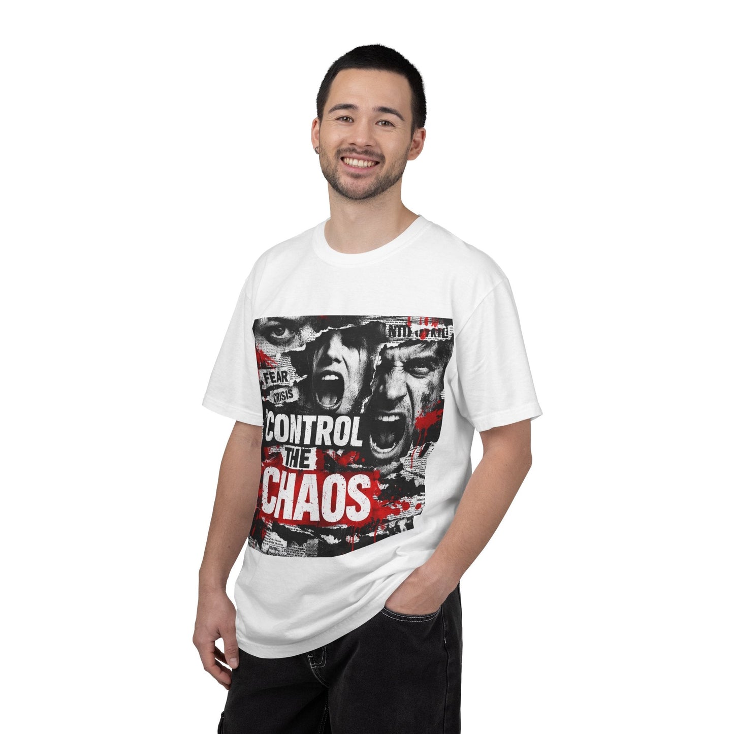 Control the Chaos T‑Shirt — Graphic Urban Streetwear Tee with Distressed Faces & Bold Red Accent Printify