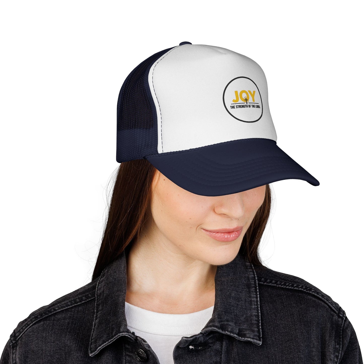 Joy Circle Trucker Cap — 'Joy, One Strength of the Soul' Retro Mesh Hat Printify