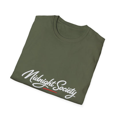 Midnight Society T-Shirt — Script Logo Tee for Nightlife & Streetwear Printify
