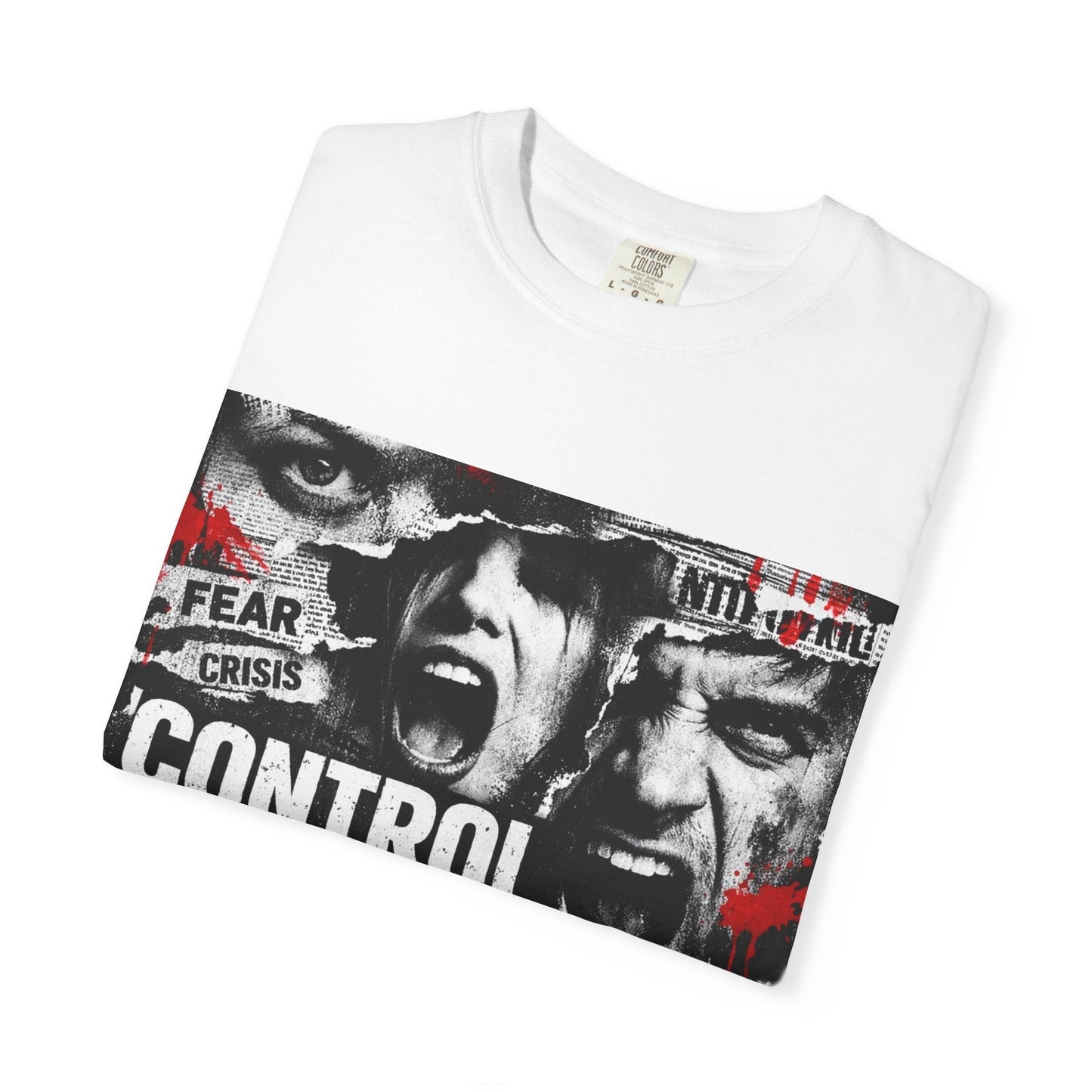 Control the Chaos T‑Shirt — Graphic Urban Streetwear Tee with Distressed Faces & Bold Red Accent Printify