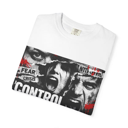 Control the Chaos T‑Shirt — Graphic Urban Streetwear Tee with Distressed Faces & Bold Red Accent Printify