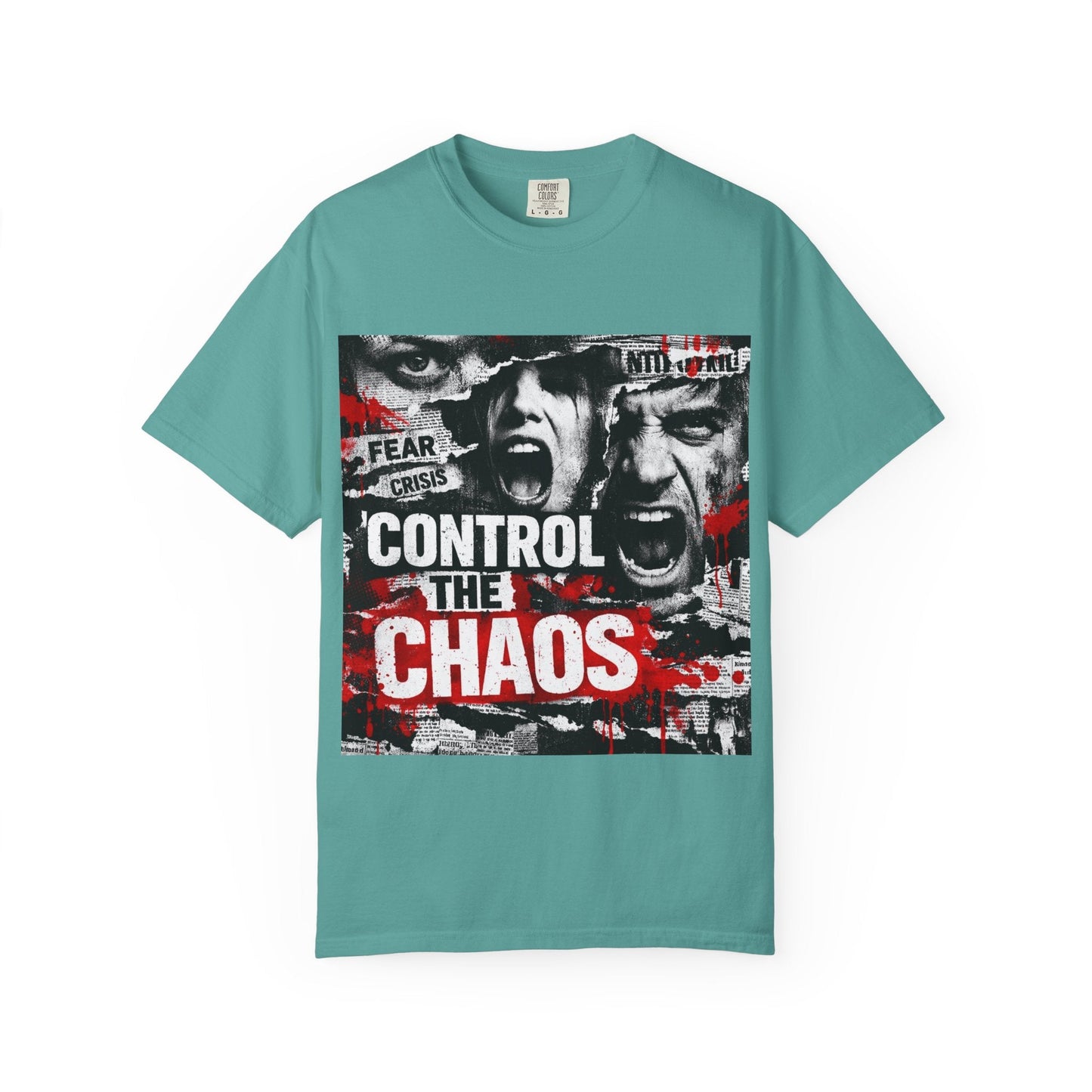 Control the Chaos T‑Shirt — Graphic Urban Streetwear Tee with Distressed Faces & Bold Red Accent Printify