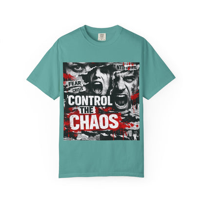 Control the Chaos T‑Shirt — Graphic Urban Streetwear Tee with Distressed Faces & Bold Red Accent Printify