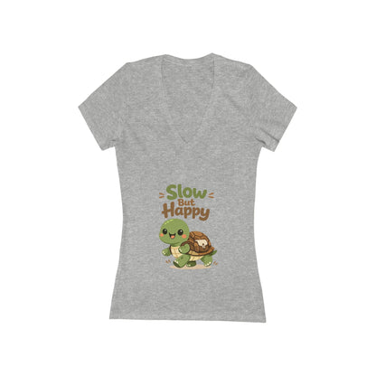 Slow But Happy Turtle V-Neck Tee — Women's Relaxed Turtle Graphic Shirt Printify