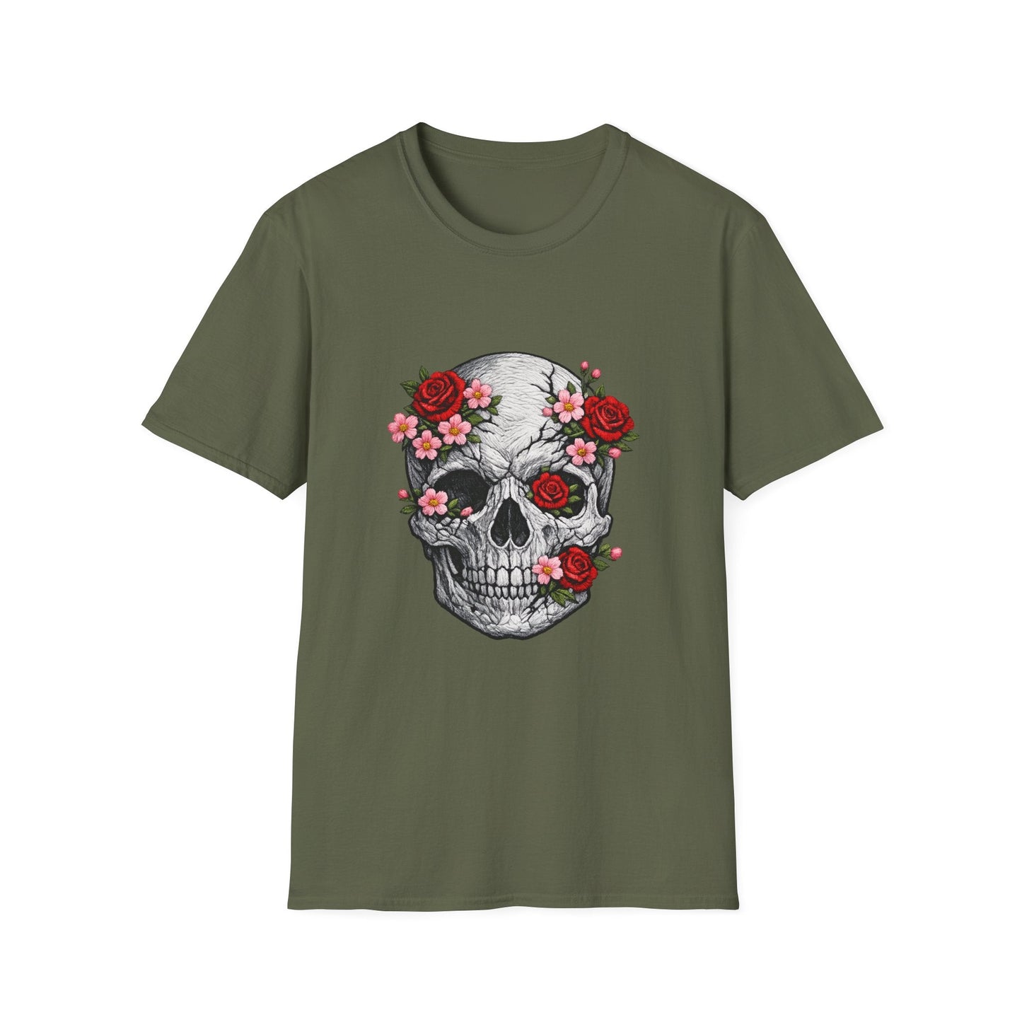Floral Skull Tee — Gothic Rose Skull T-Shirt for Day of the Dead & Edgy Style Printify