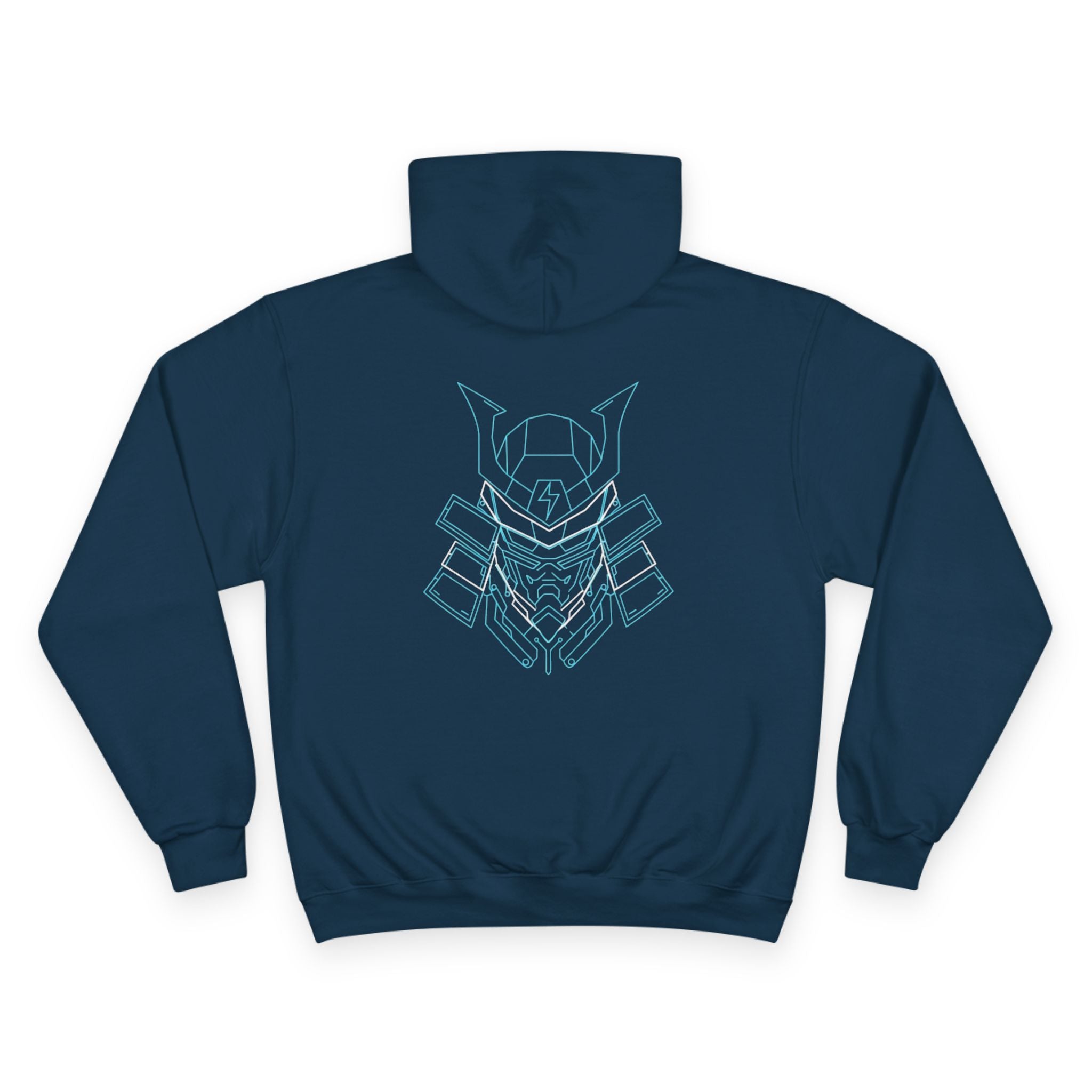 Samurai Helmet Hoodie — Minimal Line Art Armor Back Graphic