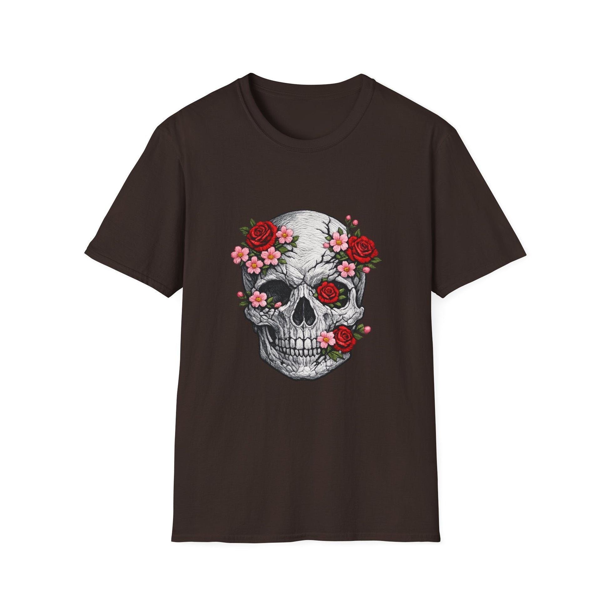 Floral Skull Tee — Gothic Rose Skull T-Shirt for Day of the Dead & Edgy Style Printify