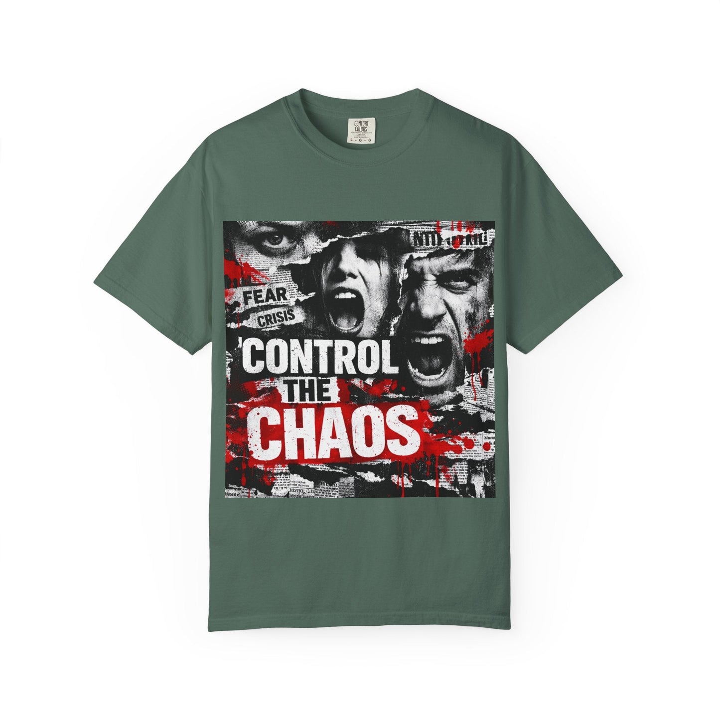 Control the Chaos T‑Shirt — Graphic Urban Streetwear Tee with Distressed Faces & Bold Red Accent Printify