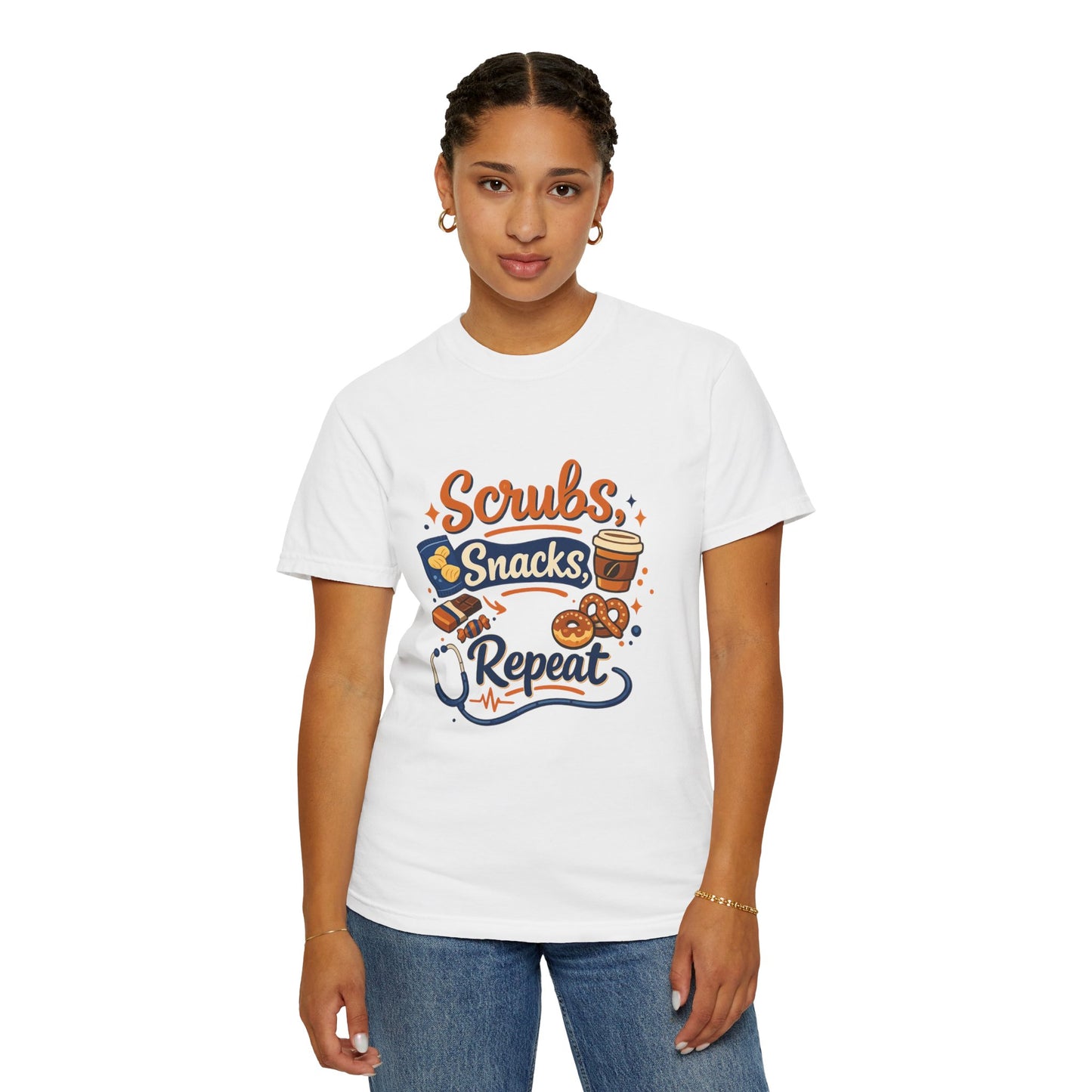 Scrubs Snacks Repeat T-Shirt – Cute Nurse Medical Humor Tee